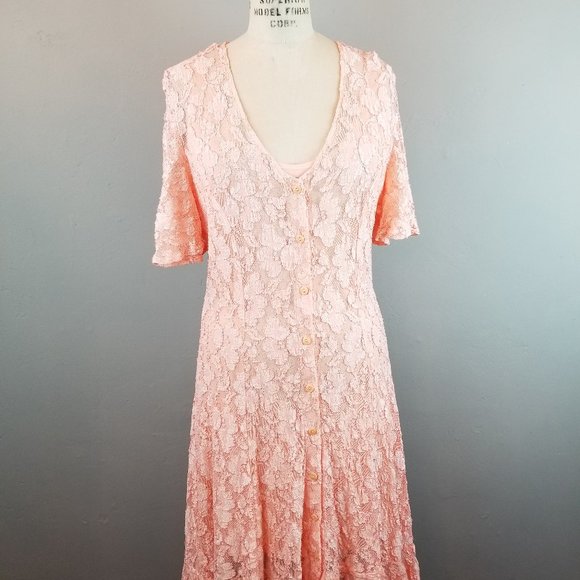 Michi Collection Vintage Y2K Peach Lace Button Front Midi Dress Women's Large - Picture 1 of 9